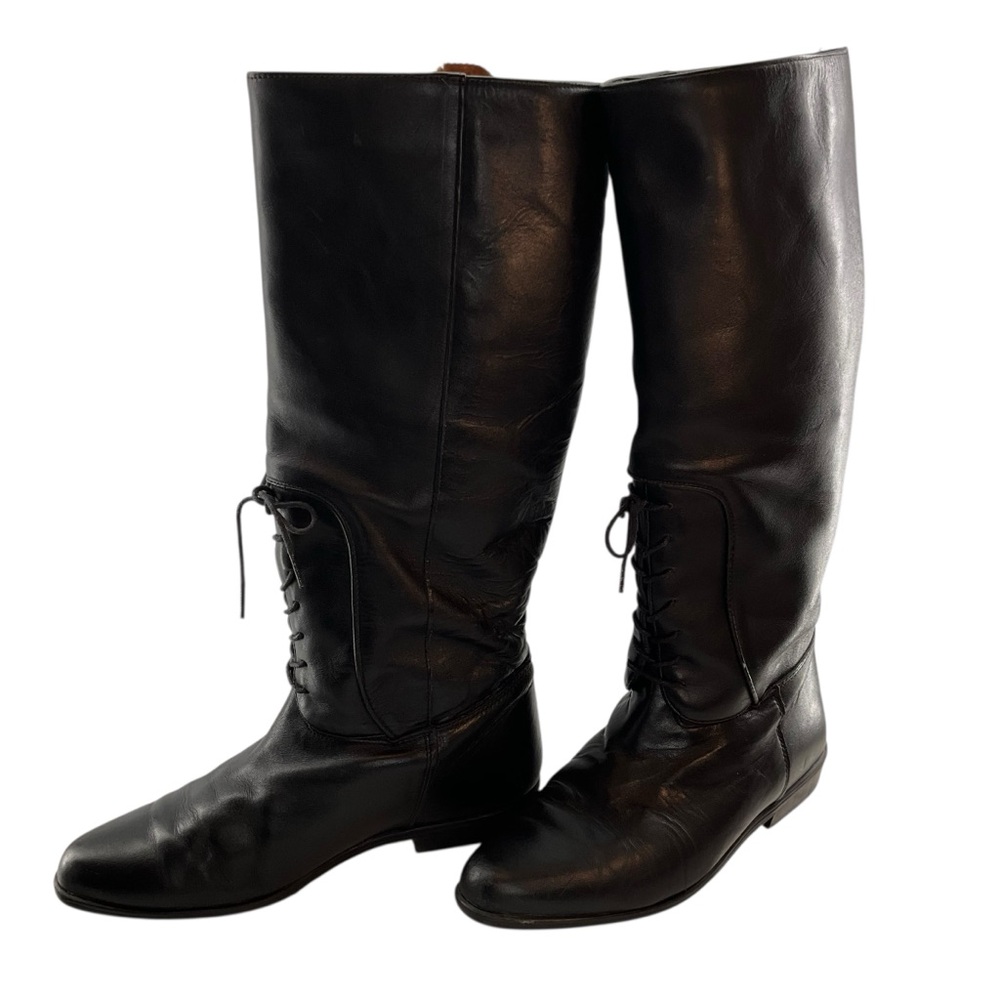 vtg SAVIDA sz 7 Leather Knee High Boots Tie Front Flat Heel Slip On Black - Picture 3 of 8